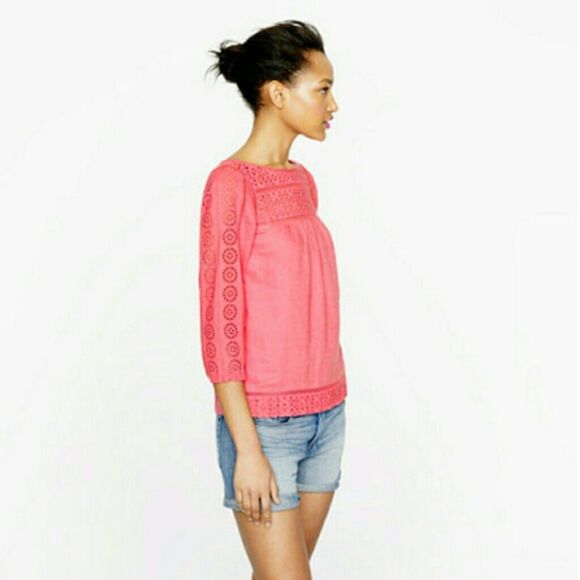 J.Crew Linen Eyelet Peasant Blouse | Coral Orange Boho Top | Women’s Small - Picture 3 of 9